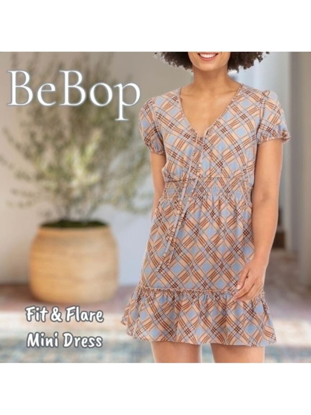 BEBOP Jr’s Brown-Cream Plaid Short Sleeve Ruffle Hem Smock-Waist MiniDress NWT